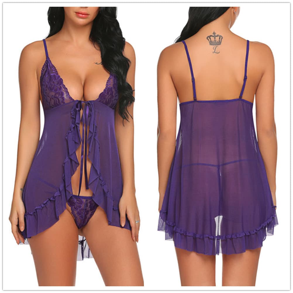 New European stock front-open loungewear set with sexy lace trim and sheer camisole nightgown, ready to ship