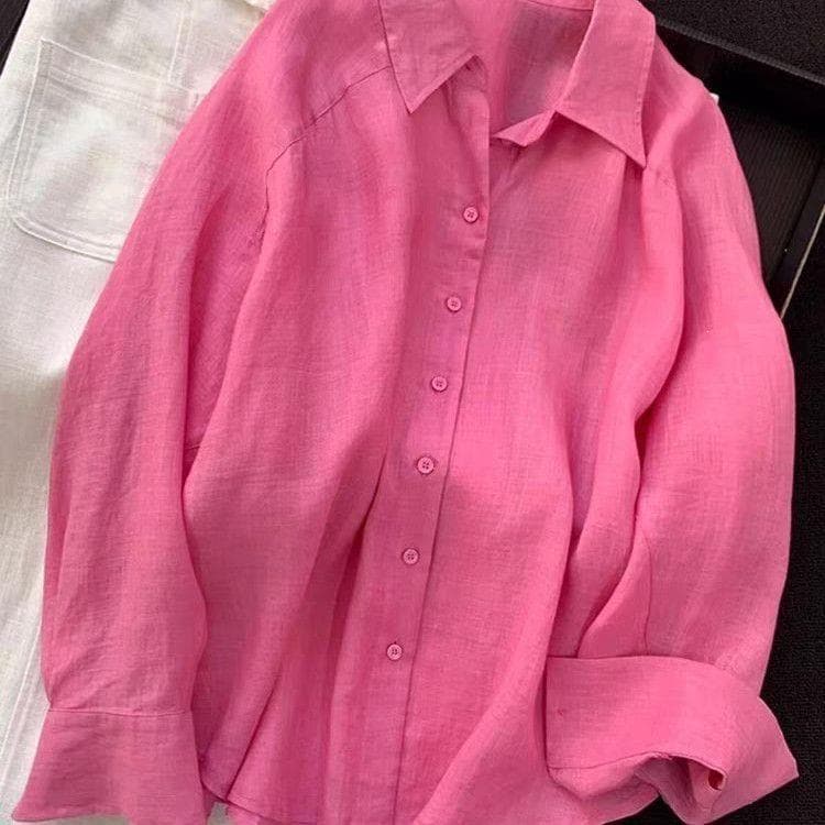 Thin women's cotton and linen shirt tops sun protection long-sleeved loose casual shirt 2026 spring and summer solid color linen shirt