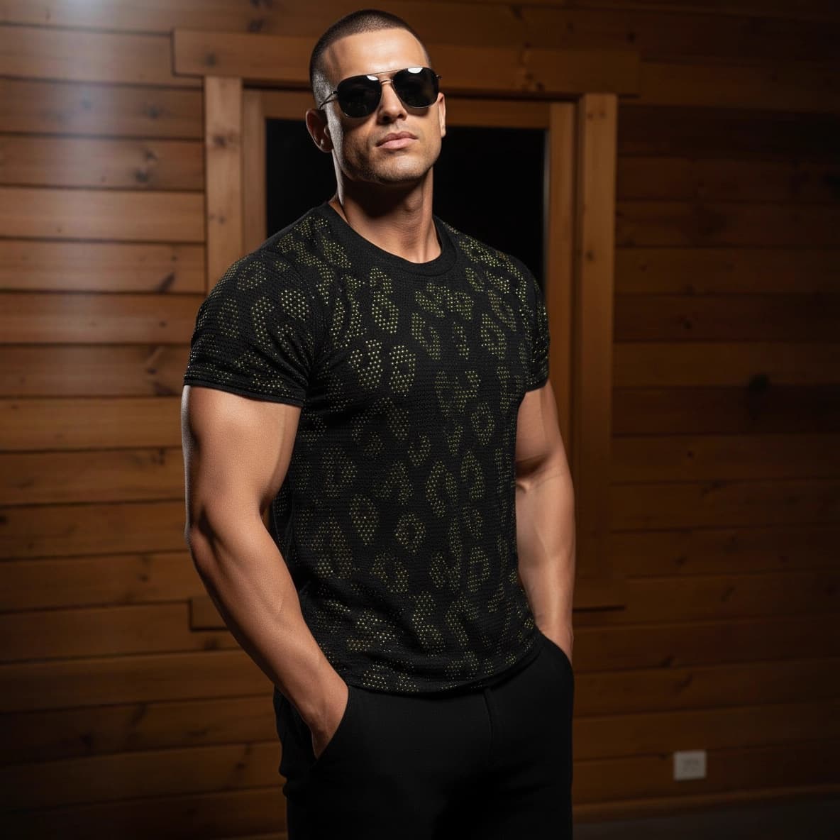 European and American Men's Clothing, American Muscular Men's Sports Short-Sleeved Flash Diamond Party T-Shirt, Breathable Disco Clothing, Nightclub Clothing