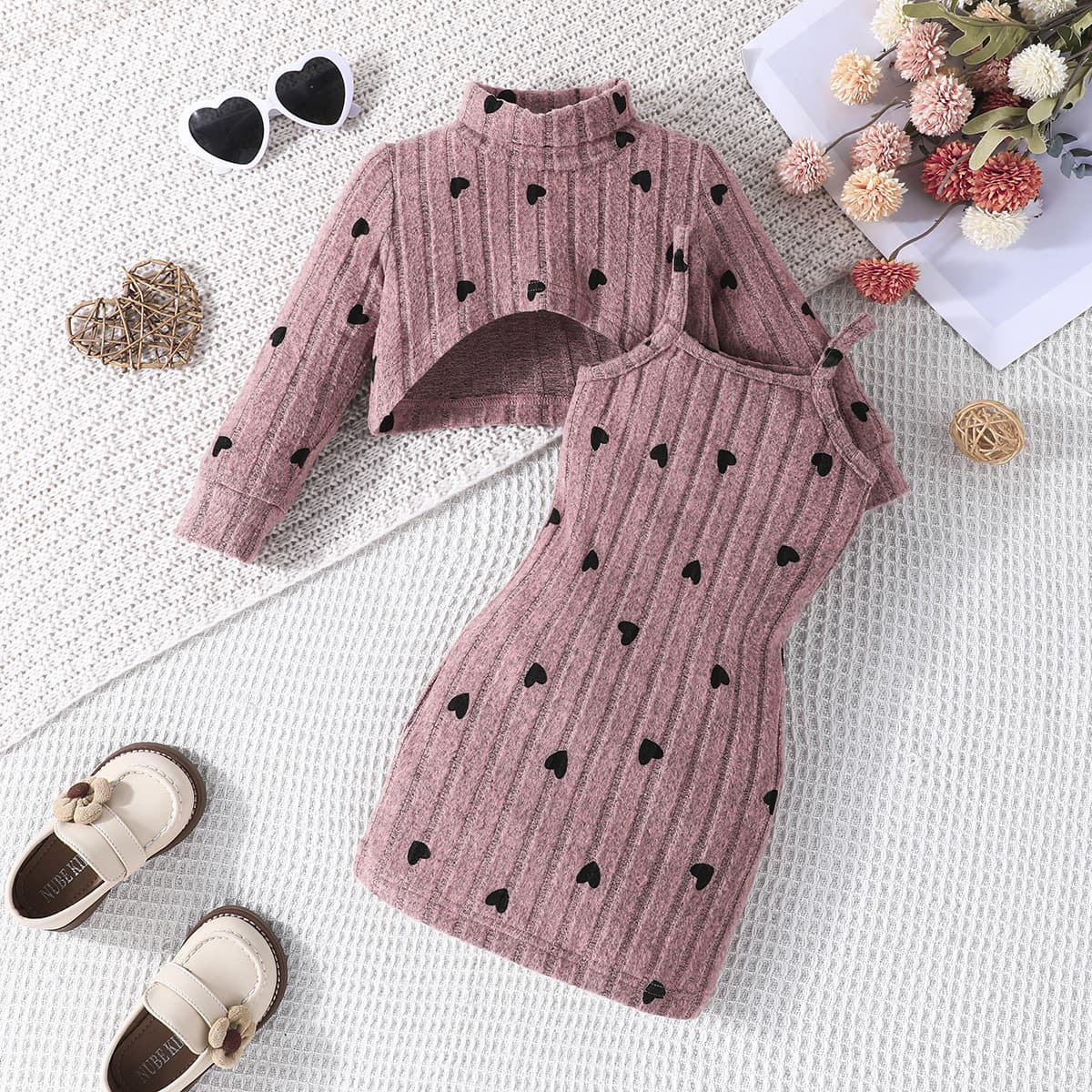 Spring Autumn New Girls Simple Warm Heart Pattern High Neck Long Sleeve Crop Top Cami Dress
