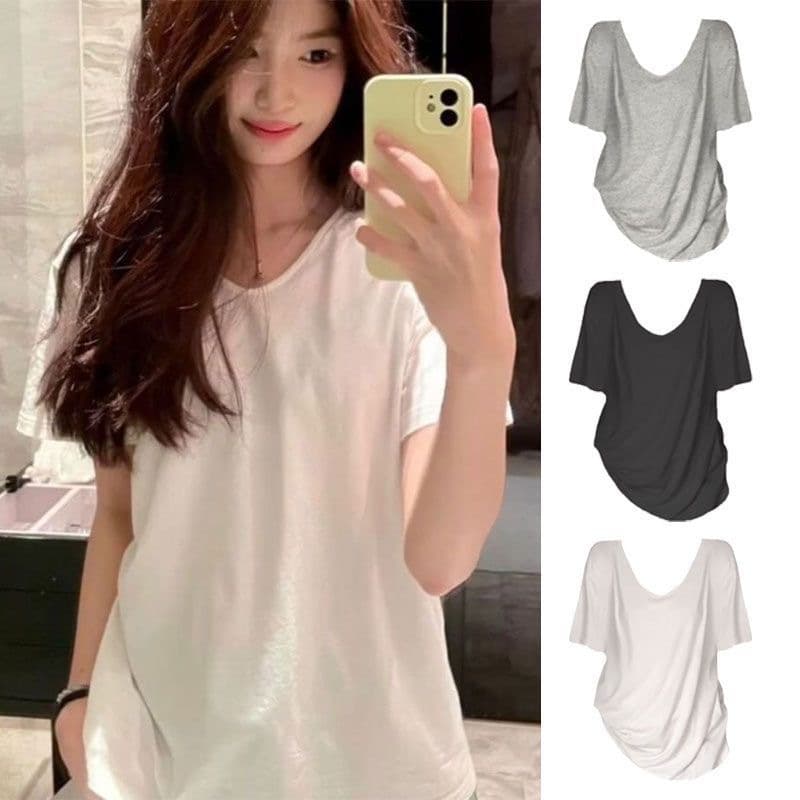 Korean design loose U-neck pink short-sleeved T-shirt for women summer 2026 new hot style slim and versatile top trend