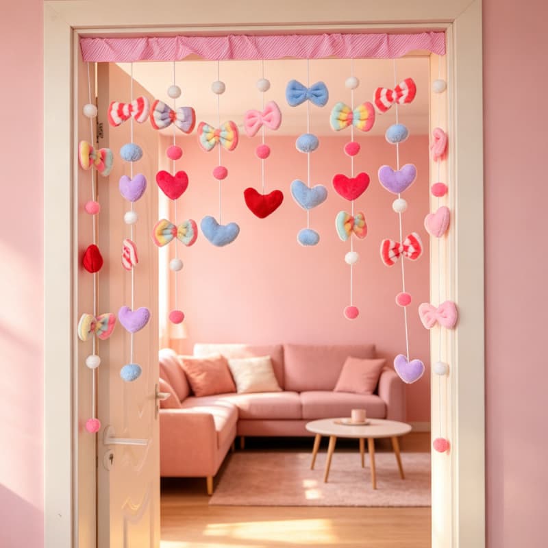 Colorful Heart Garden No-Drill Plush Bow Door Curtain, Star Heart Pom-Pom Hanging Decor, Room Partition Curtain for Entryway