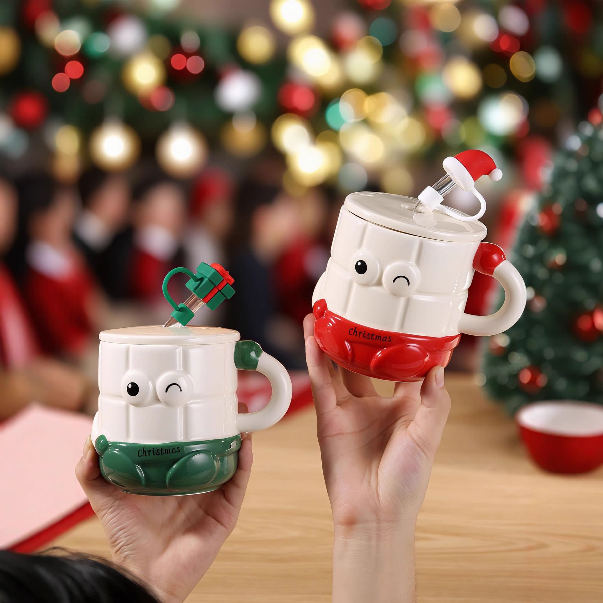 Christmas Cute Smiley Face Ceramic High-Appearance Mug with Lid and Straw Cartoon Coffee Water Cup Gift for Wholesale