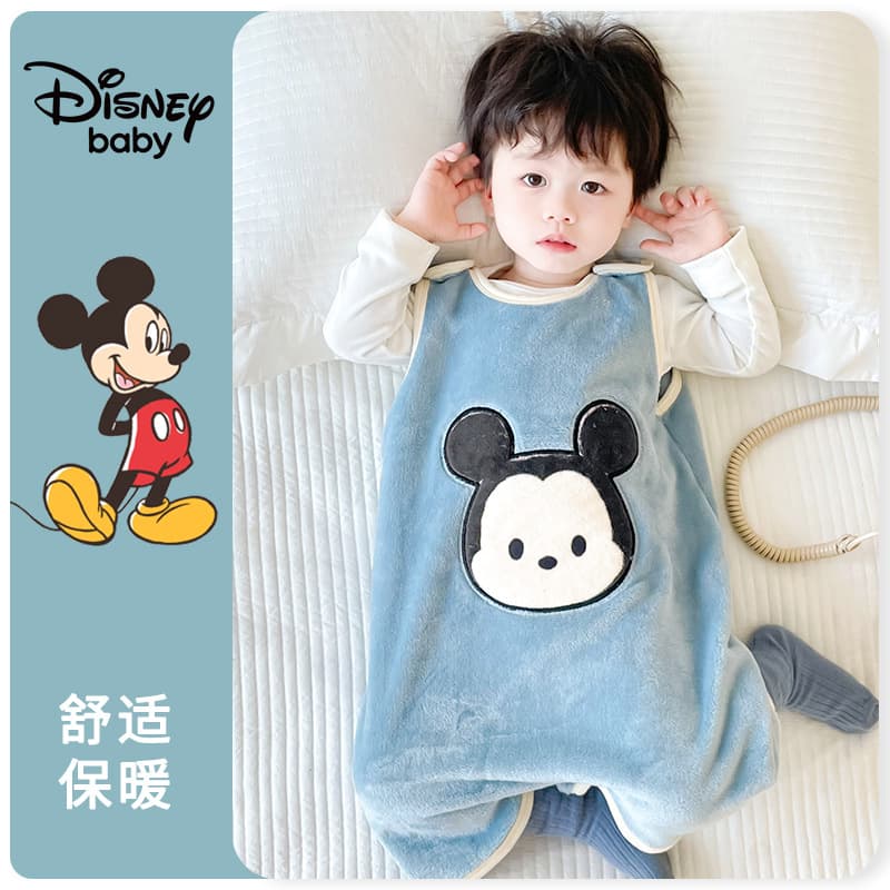 Disney Autumn/Winter Sleeveless Belly-Protecting Homewear Anti-Kick Blanket Baby Pajamas Flannel Sleeveless Romper Nightgown