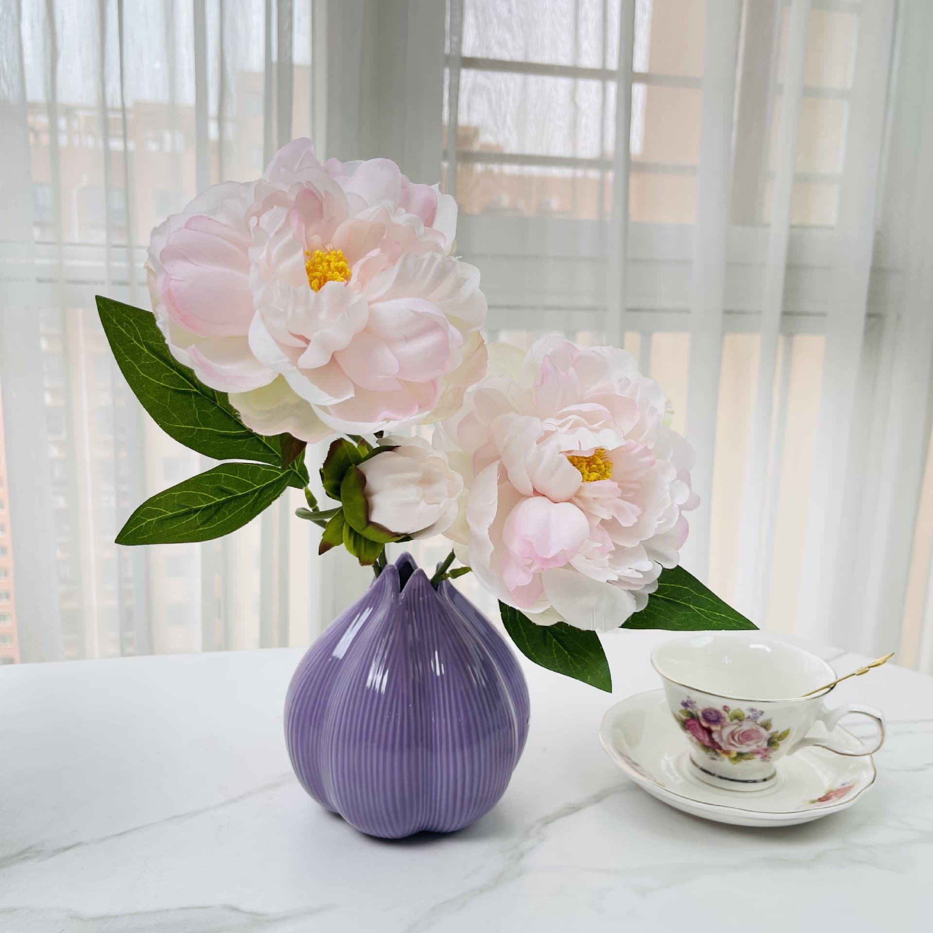 Artificial Flowers for Living Room Dining Table Decoration Premium Onion Vase Ornament Home Decor Fake Peony Flower Wealthy Peony