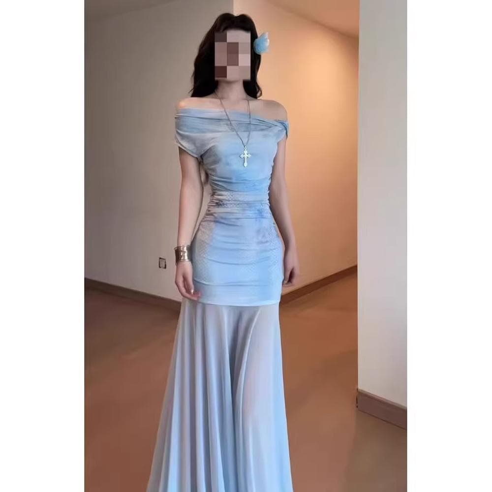 French Blue Floral Print Off-Shoulder Dress for Women, Summer Beach Vacation Stunning Fitted Fishtail Bodycon Maxi Dress