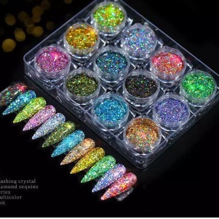 Nail Art 5 Styles 12 Colors Brilliant Laser Glitter Sequins Diamond Powder Exquisite Glitter Powder Black Bottle Transparent