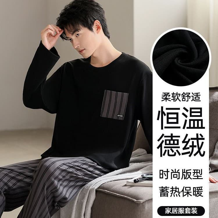 Men's Autumn/Winter Thermal Round Neck Long Sleeve Top and Pants Set, Thickened, Wearable Outside, Simple and Premium Homewear