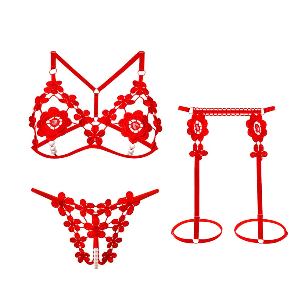 Sexy lingerie hollow sexy flower beaded flirting lingerie three-point set pure desire free uniform manufacturer