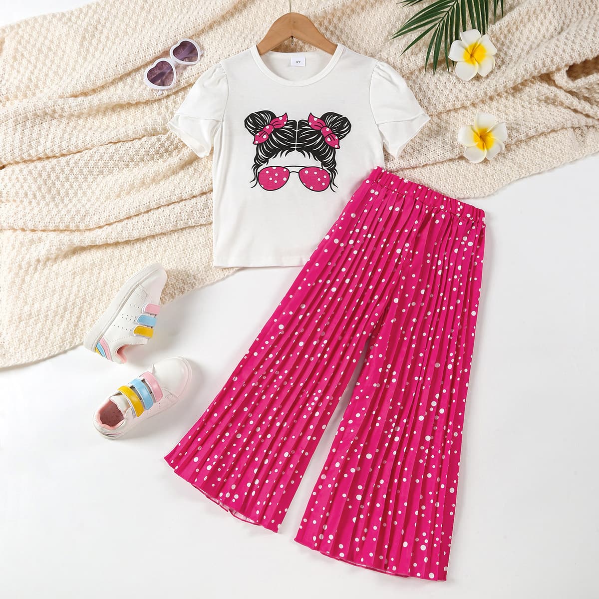 Kids Clothing 2023 Cross-Border Girls Summer New Cartoon Character Print Short Sleeve Polka Dot Wide Leg Pants Casual Two-Piece Set