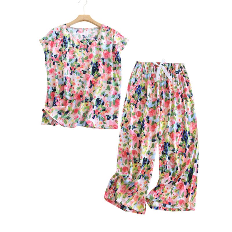 Summer Cotton Silk Pajamas Set for Women, Silky and Cool Artificial Cotton Sleeveless T-Shirt, Wide-Leg Cropped Pants, Comfortable Home Wear