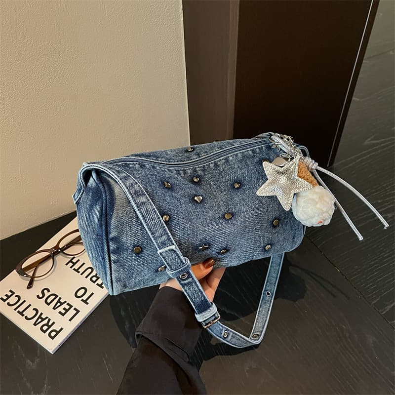Heavy industry rivet niche light luxury pillow denim bag 2026 new texture casual fashion shoulder crossbody bag