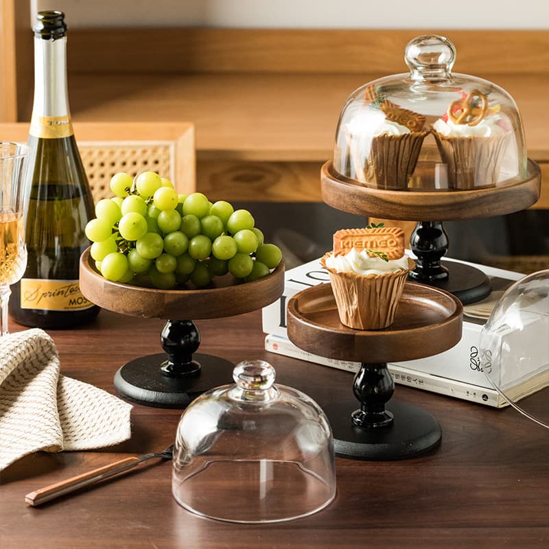 Wooden high-footed tray Acacia wood dessert fruit plate dust-proof glass cover tasting plate high-footed porcelain plate