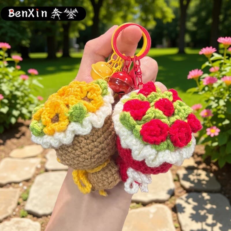 Finished Crochet Yarn Rose Flower Keychain Pendant Cartoon Cute Sunflower Teacher's Day College Entrance Exam Gift