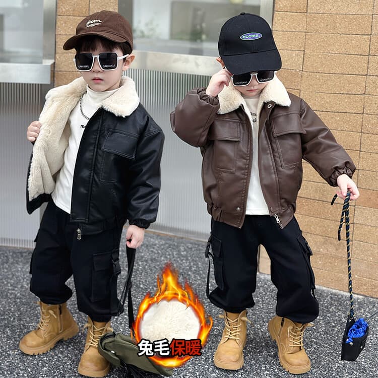 Boys Winter Jacket Thickened Leather Jacket Winter Children's Fleece-Lined Cool and Stylish Jacket for Toddlers and Kids Fashionable Coat