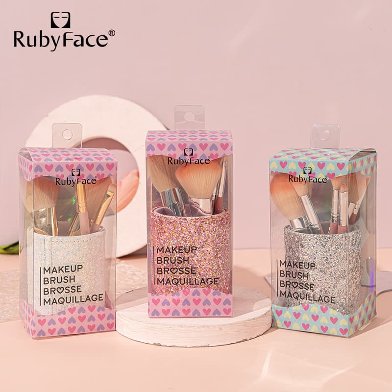 RUBYFACE In-Stock Barrel Pack of 5 Makeup Brush Set PVC Gift Box Ultra-Fine Fiber Professional Makeup Tool Set