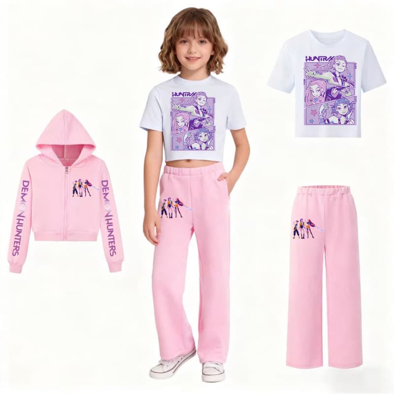 Kpop Demon Hunters Boys Girls Hooded Jacket + Pants + T-Shirt 3-Piece Set Sports Fleece Casual Outfit