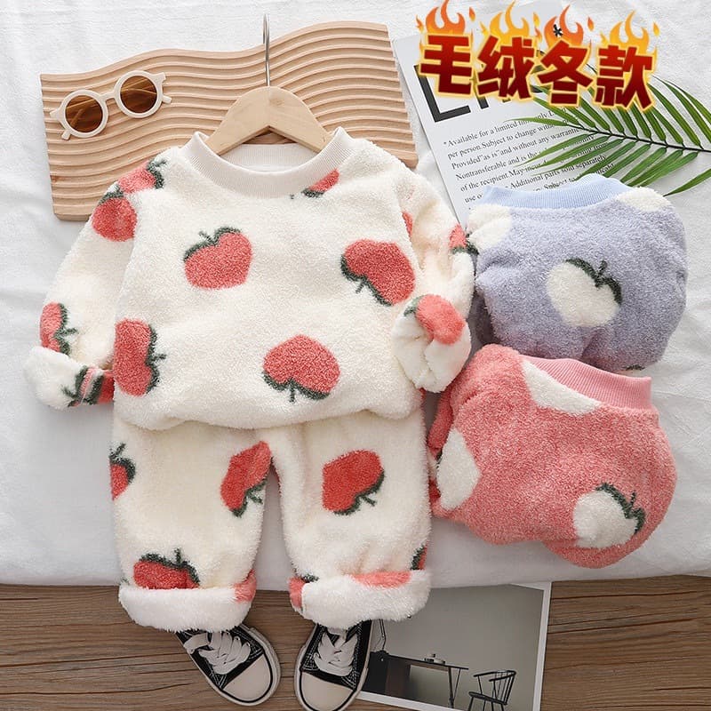 Yikids Children's Autumn Winter Home Clothes Set Male Female Baby Fruit Warm Two Piece Set Flannel Fabric Comfortable Sleepwear