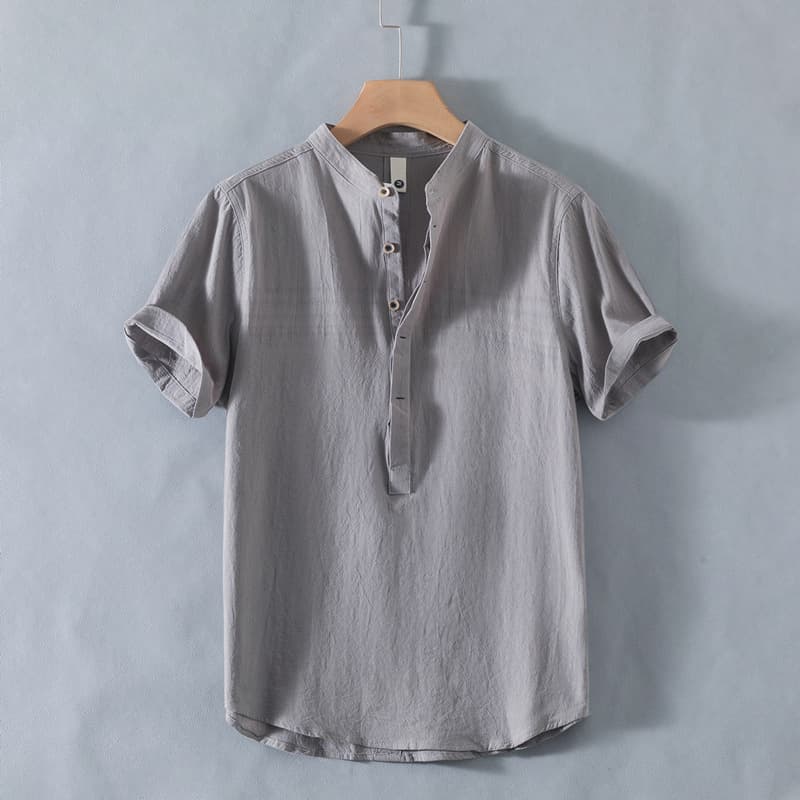 Summer Thin Stand Collar Linen Shirt for Men, Short Sleeve, Loose Casual Linen Fabric Top, Solid Color Cotton Linen Shirt Trendy