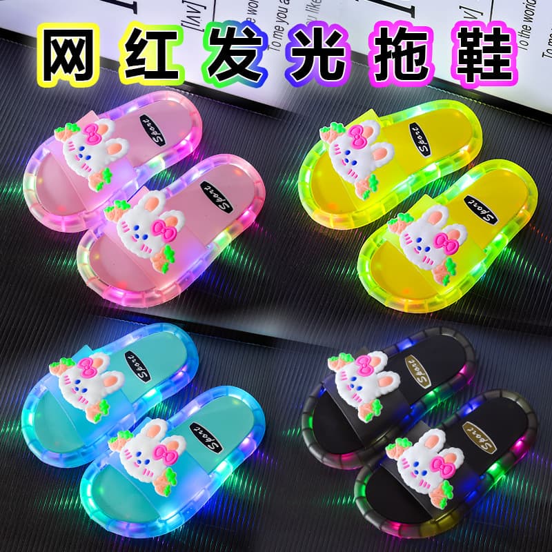 Summer Kids Light-Up Slippers, Cute Cartoon Strawberry Rabbit, Big Kids Indoor Non-Slip, Outdoor Parent-Child Flash Cool Slippers