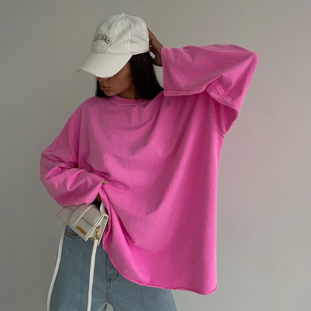European and American 2026 Spring New Cross-Border Women's Fashion Pink Long-Sleeve Loose Solid Color Knitted Base Shirt Women's T-Shirt