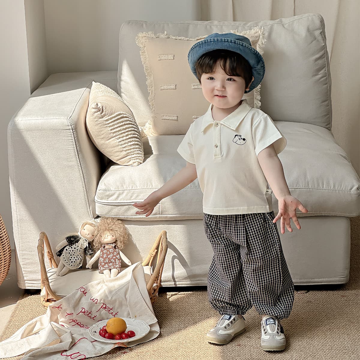Dianxi boys polo summer plaid pants suit baby child split two-piece set cute boy toddler summer