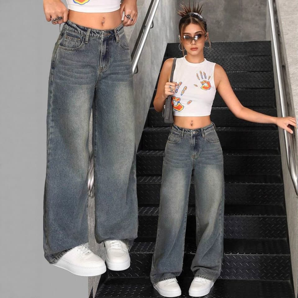 Vintage Washed Loose Rolled Hem Wide Leg Jeans for Women 2025 Spring Mid-Rise Slimming Flared Straight Leg Pants