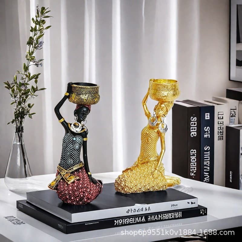 Creative African Woman Statue Exotic Lady Candle Holder Living Room Decor Entryway Wine Cabinet Home Black Figurine