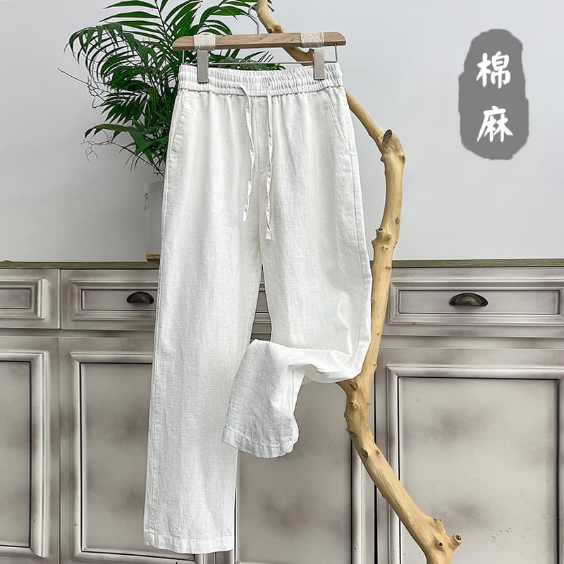 Summer Premium Linen Pants for Men Lightweight Cotton-Linen Long Pants Casual Loose Ramie Fabric Wide-Leg Straight Pants