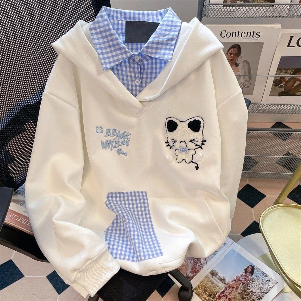 Girls' Hoodie Spring Autumn 2025 New Children's Fall Top Hooded Teenager Faux Two-Piece Middle School Student Clothing
