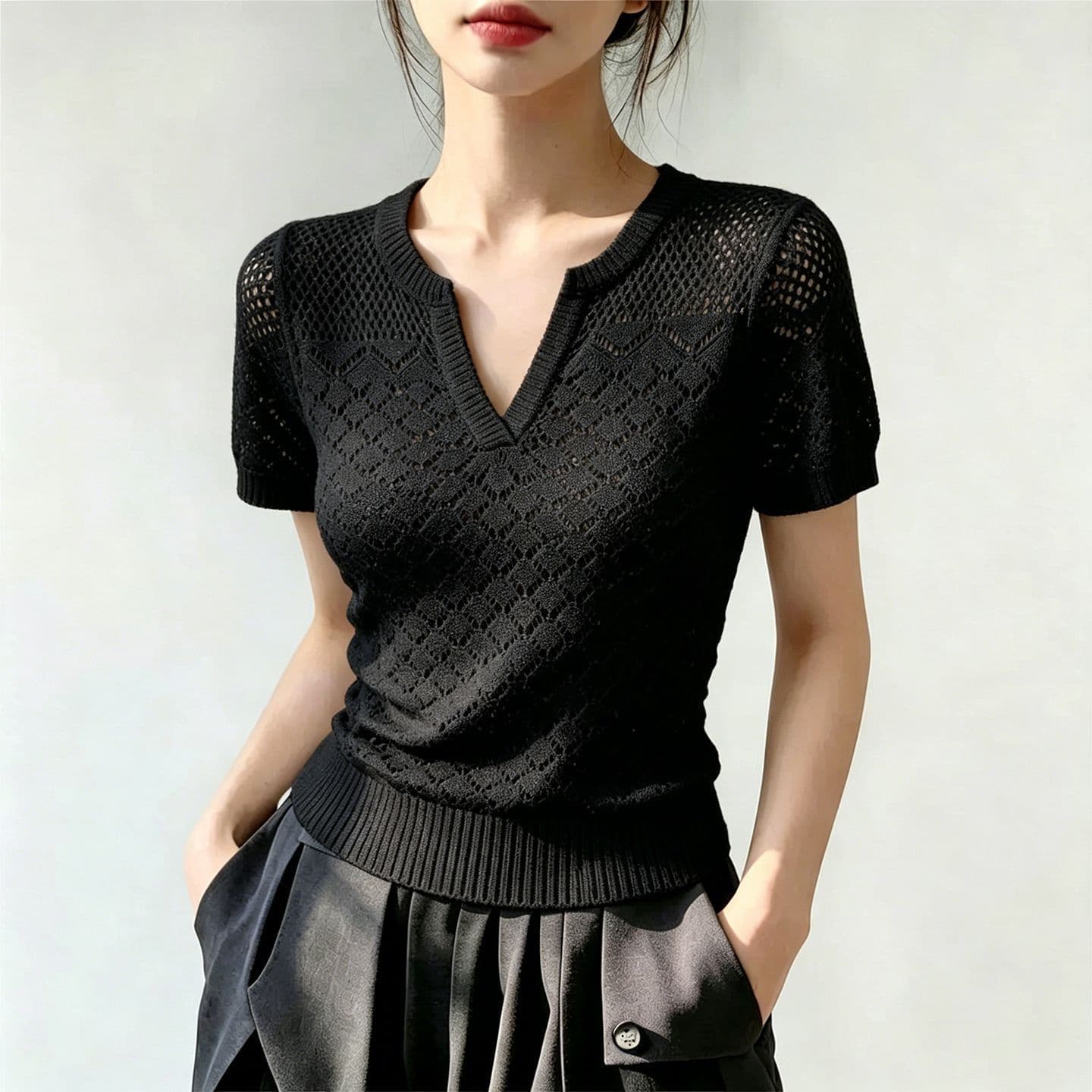 Women's Summer Knitted Short-Sleeve Low-Cut Solid Hollow-Out Lyocell Tencel T-Shirt, Round Neck Pullover Crochet Top