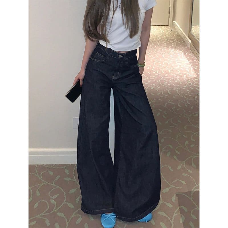 2024 Spring/Autumn New Retro Loose Wide-Leg Jeans for Women, Dark Blue Versatile Slimming Flowing Floor-Length Pants