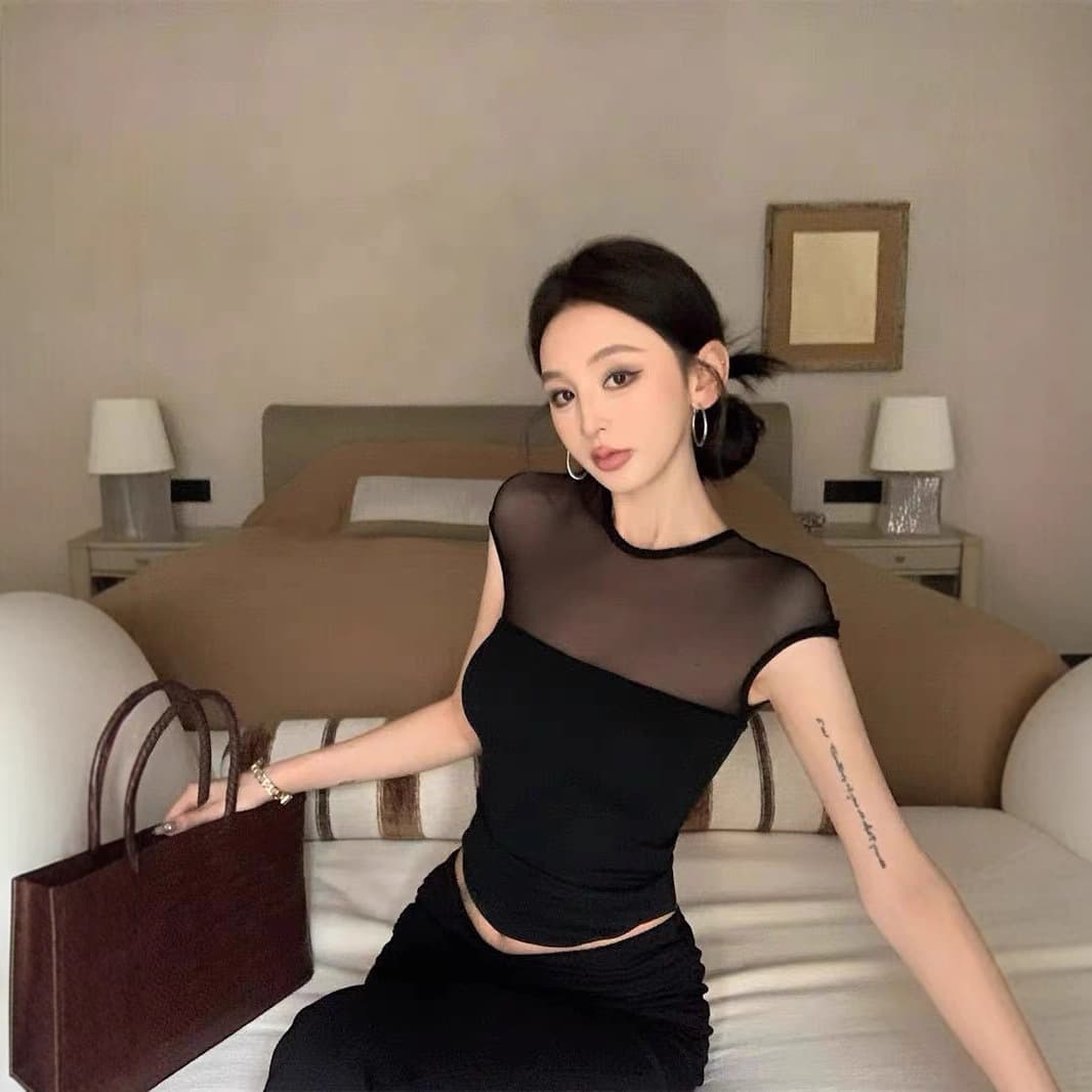 Summer new pure lust style hottie short mesh short-sleeved T-shirt for women slimming and versatile design tops for women