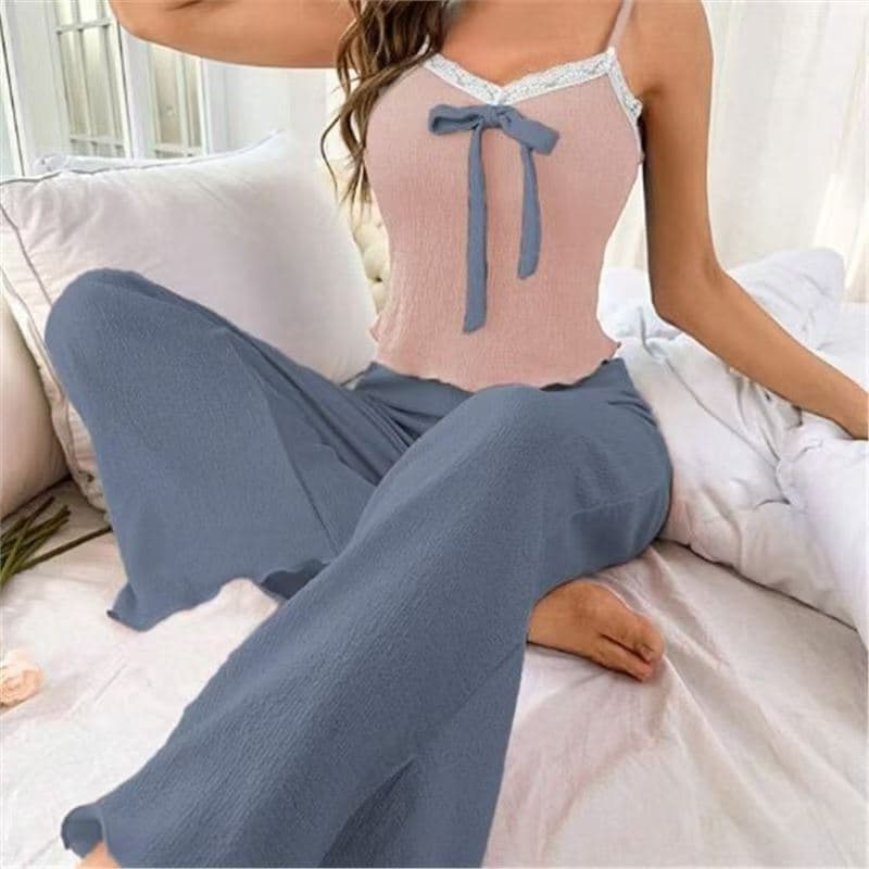Cross-Border Round Neck Long Pants Pajama Set Women Spring/Summer New European American Style Sweet Soft Breathable Loungewear Two-Piece Set