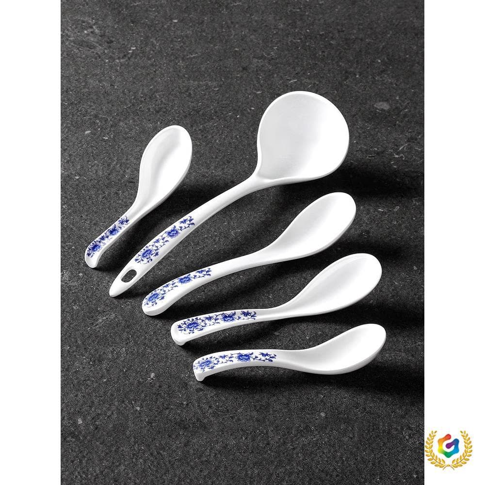 ⇗Pack of 5 melamine blue and white porcelain spoons, imitation porcelain soup spoons, plastic hook spoons, restaurant spoons, commercial ramen tablespoons