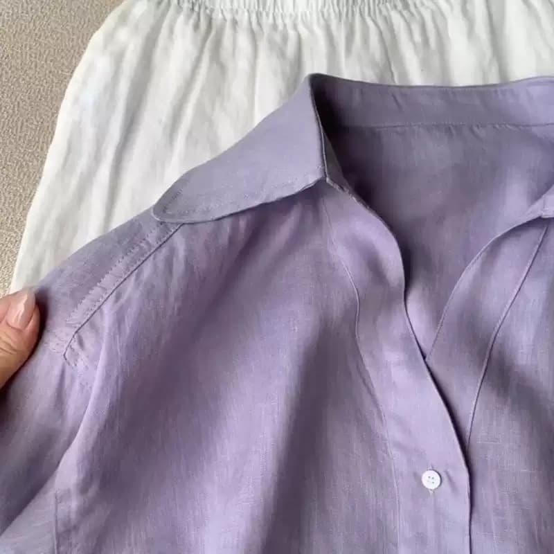 Highly Recommended! Light Purple V-Neck Linen Shirt for Women Summer New Polo Collar Loose Sun-Protective Top