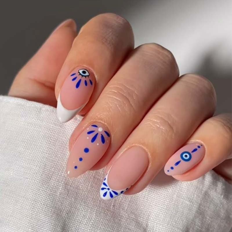 24pcs Medium-Long Almond Shape White French Press-On Nails Blue Eye Heart Pattern False Nails Removable
