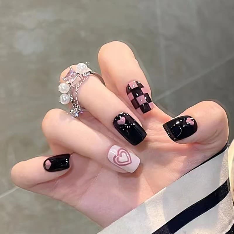 Hot girl sweet cool ins style wear nail pink love impact black purple chess plate Plaid temperament full nail beauty piece