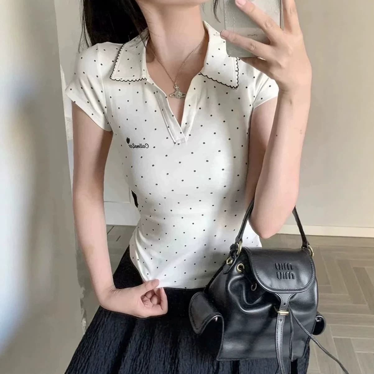 Polka Dot POLO Shirt Contrast Color Lapel College Style Short Sleeve T-Shirt Women's Summer Slim Waist Unique Super Nice Top