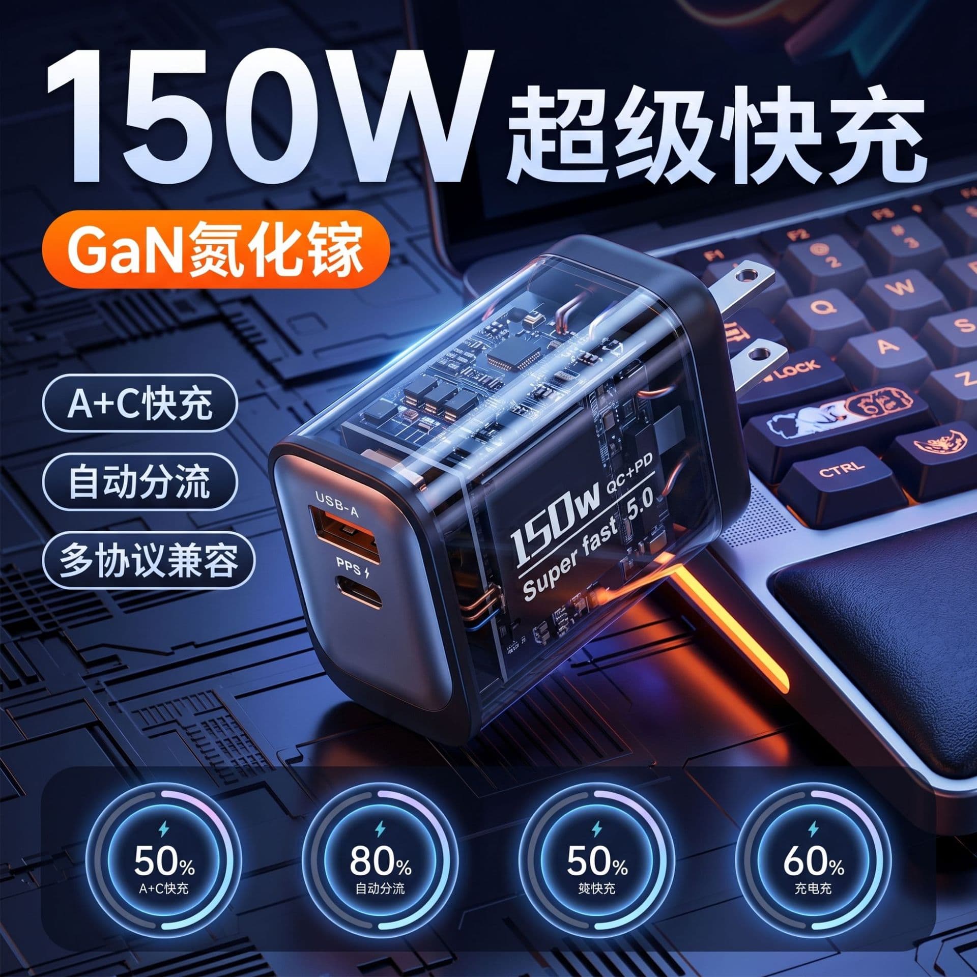 Factory direct sales new 150W full protocol charger travel small household appliances fast charging head multi-port A+C charger