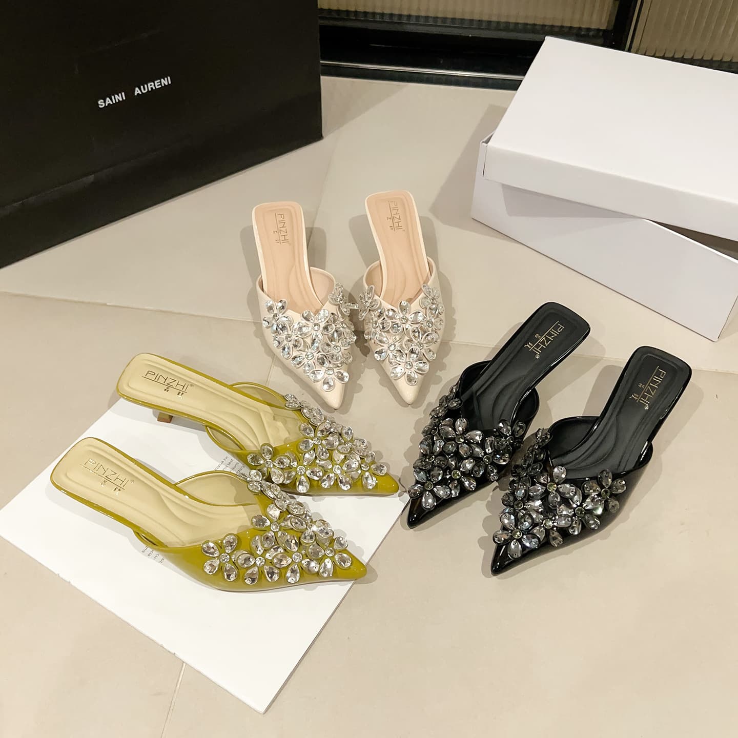 French Light Luxury Full Rhinestone Pointed Toe Mule Slippers with Thin Heel for Daily Parties, Open-Toe High Heel Women's Sandals F45-A8