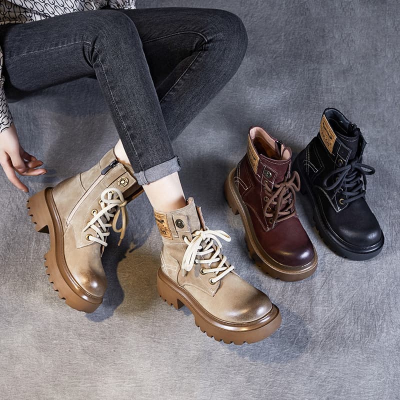 British Retro Martin Boots for Women, New Autumn and Winter Style, Thick-Soled Height-Increasing Boots, Comfortable Short Boots, First-Layer Cowhide Boots