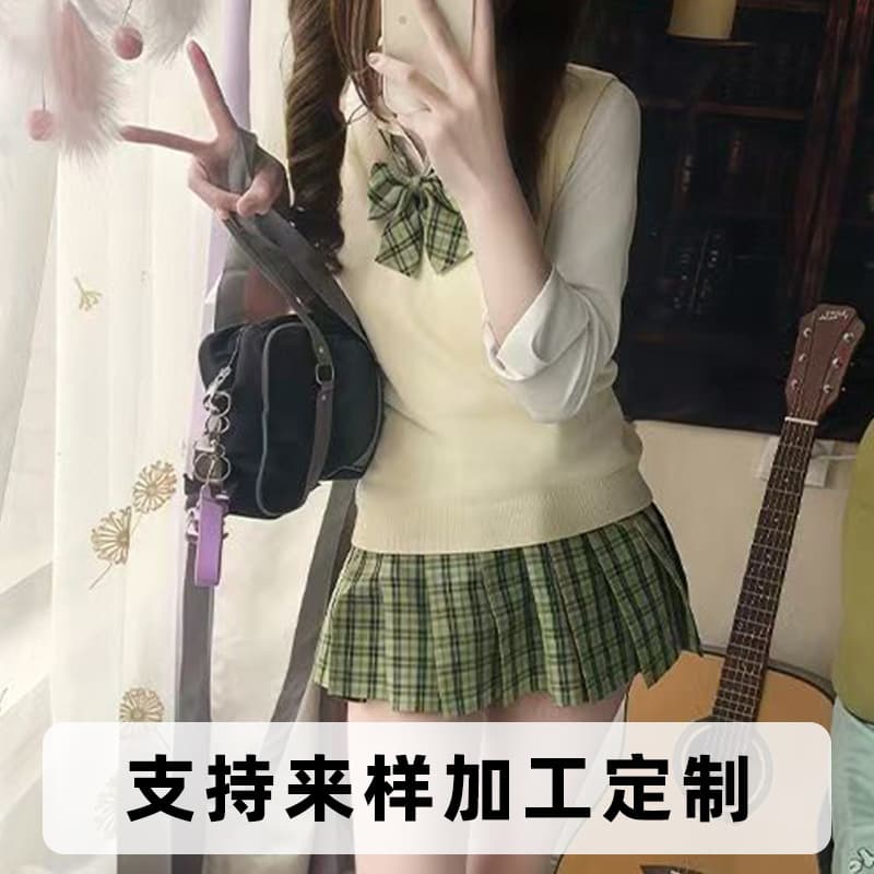 Little Green Plum JK Uniform Plaid Skirt Women Short Sleeve Set Pleated Skirt Student JK School Uniform Wholesale Pleated Skirt Academic Short