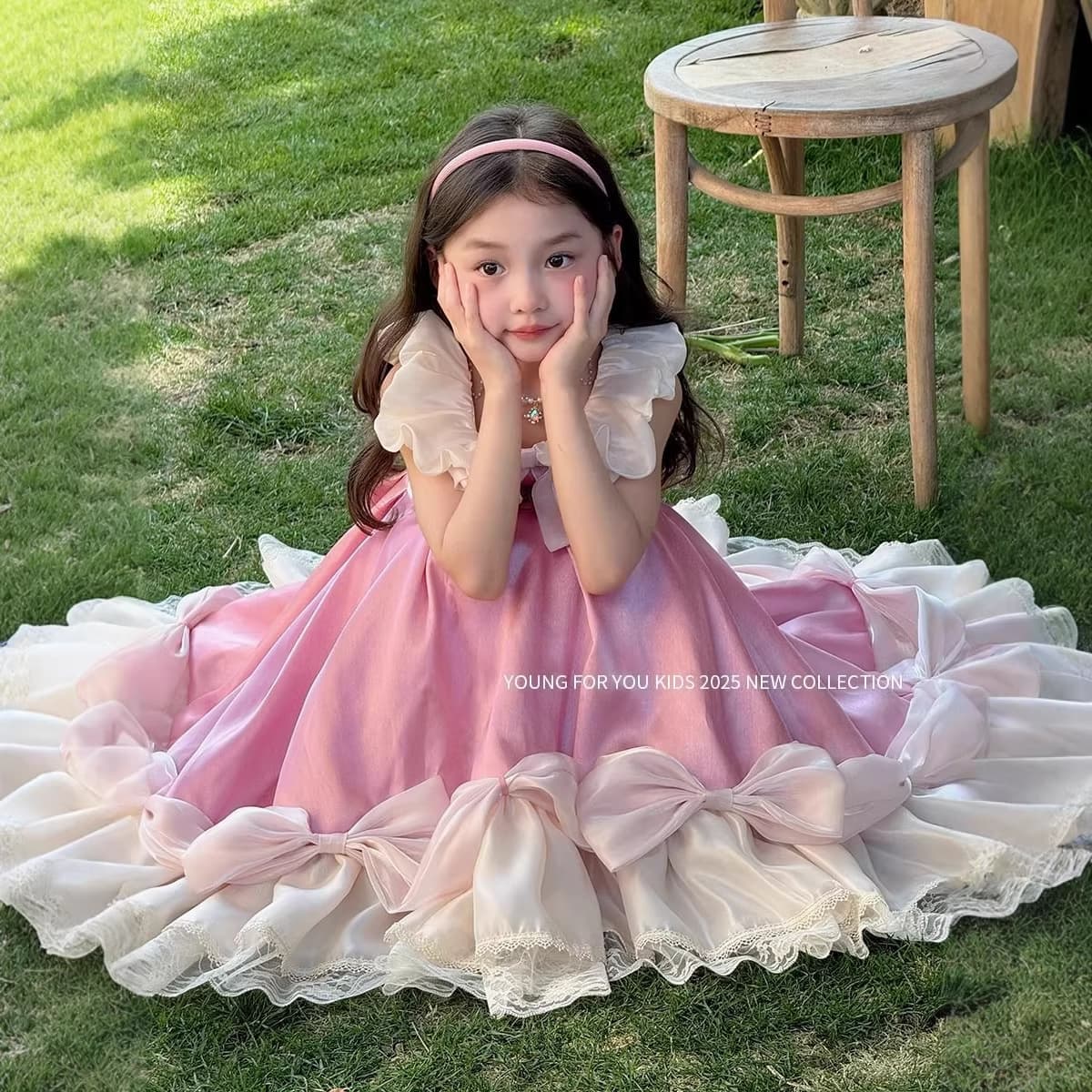 Disney Cinderella Princess Dress for Girls Pink Satin Bow Lace Children's Gown Tutu Skirt