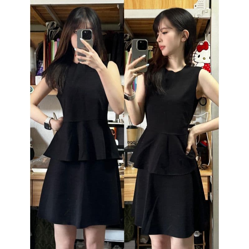 Hepburn-Style Sleeveless Waist-Cinching Ruffle Hem Vest Dress for Women, 2026 Summer New A-Line Skirt Black Set