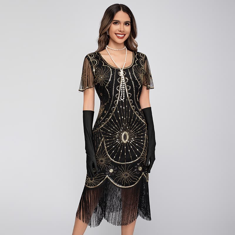 1920 Gatsby Party Sequin Short Sleeve Dress Euro-American Retro Fringe Beaded Dress Amazon Cross-border