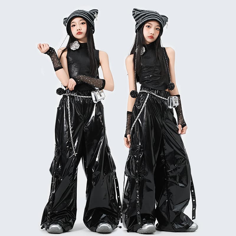Jazz Dance Girls' Outfits, Spring/Summer Children's Trendy Cool Fashionable Jazz Dance Wear, Leather Pants, Children's Model Runway Girls