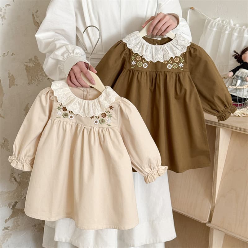 New Autumn Dress for Girls, Korean Style Baby Girl Fashionable Lace Collar Embroidered Long-Sleeve Princess Dress, Outwear Skirt