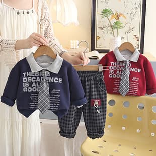 2026 New Boys' Autumn Outfit Set: Stylish Kids' Letter Print Tie Long-Sleeve Two-Piece Set, Trendy Spring/Autumn Baby Set