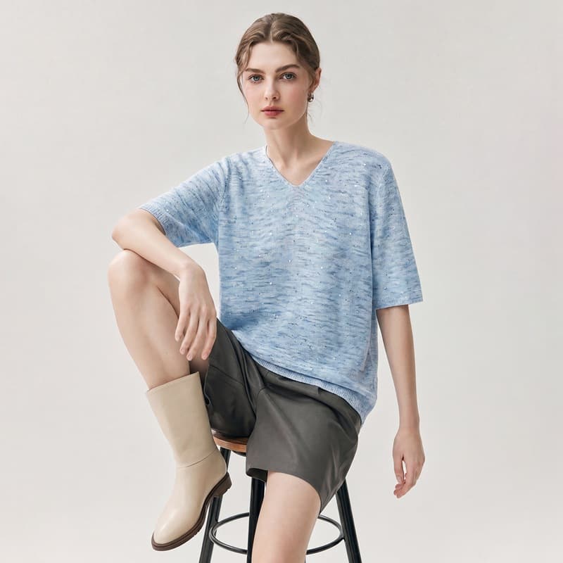 2026 Summer New V-Neck Short Sleeve Knit Top for Women Loose Sequin T-Shirt Plus Size Thin Blouse